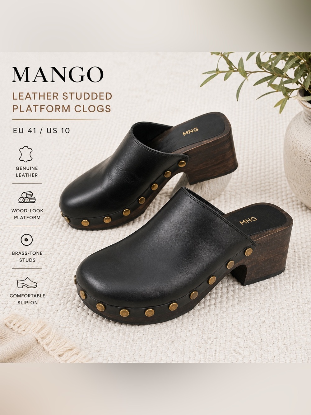 MANGO Black Leather Studded Platform Clogs EU 41 US 10